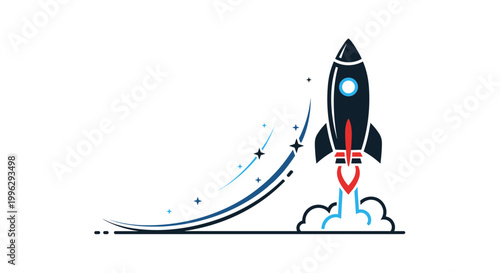 A rocket ship blasting off into space with a trail of flames and smoke