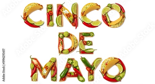 Cinco de mayo celebration with tacos and chili peppers isolated on white background