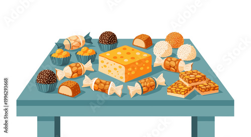 A colorful illustration of various sweet and savory treats on a table