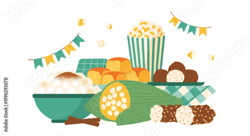A colorful illustration of popcorn and snacks for a movie night