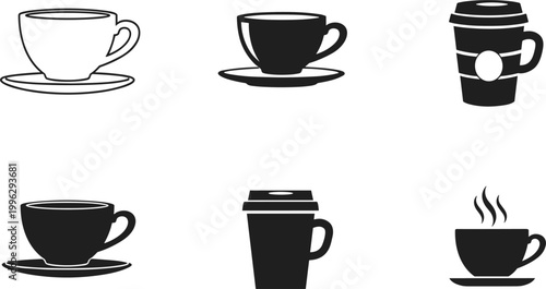 Coffee cup icon vector set in outline and silhouette styles. Cafe mugs and takeaway cups collection. Hot drink symbols for menu, cafe and branding design.