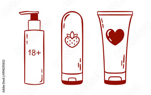 set lubricant bottle, intimate cosmetics for sex games, simple red icon for sex shop in minimalist sketch style