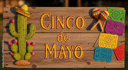 Cinco de mayo celebration sign with cactus and maracas on wooden board