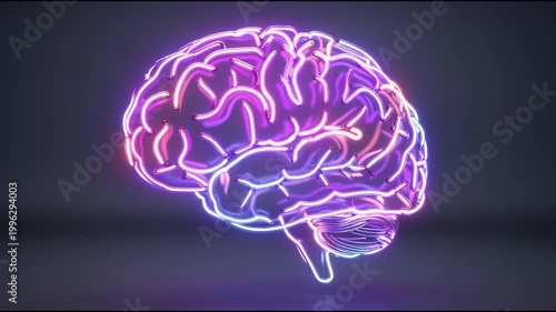 Stylized human brain rotating with glowing neon lights, visualizing concepts of artificial intelligence, neuroscience, creativity, and the inner workings of the human mind and intellect