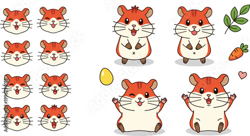 Cute hamster expressions and poses set. Cartoon pet with emotions and actions. Adorable rodent characters for stickers, kids design, and playful animal illustrations.