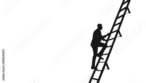 Businessman climbs a tall ladder towards the sky to symbolize career advancement and personal ambition.