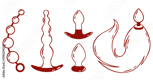a set of types of butt plug, fox tail, beads, adult sex toy, accessories for anal sex games and bdsm, linear red icon, doodle and sketch style