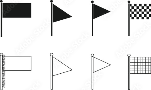 Flag icon vector set in filled and outline styles. Racing, triangular and square flags collection. Minimal symbols for sports, competition and signal design.