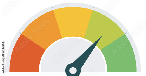 Colorful gauge, needle pointing green zone good performance positive result meter indicator dashboard vector illustration set