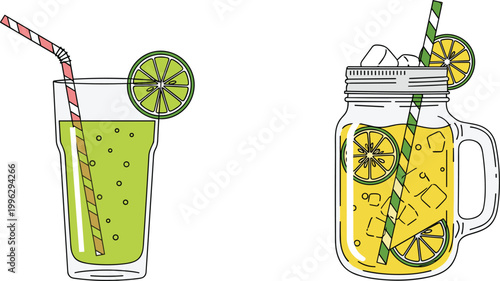Fresh lemonade and lime juice vector set. Summer cold drinks with ice and citrus slices. Refreshing beverage illustrations in glass and jar style.