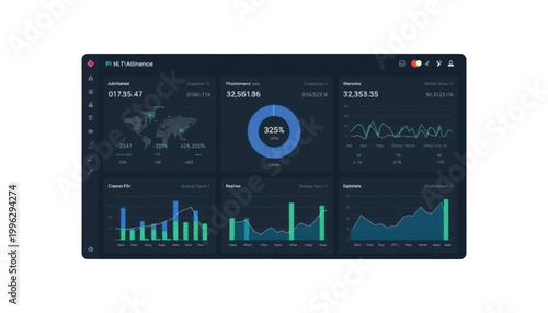 Dashboard interface displays analytical business data and financial performance metrics on a dark background.