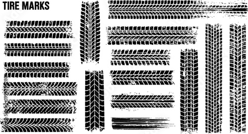 Black tire track and tread marks vector graphic elements set