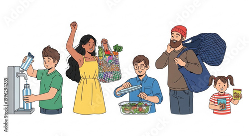 Diverse group of people practicing sustainable living and healthy habits with reusable items and fresh food