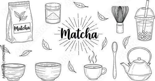 Matcha tea hand drawn vector set. Japanese green tea elements and tools. Whisk, cup, teapot, powder and leaves in vintage sketch style.