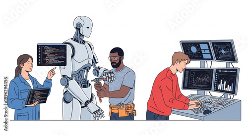 Synergistic human-robot collaboration in tech advancement; a diverse team of professionals programs, builds, and analyzes data for cutting-edge AI and robotics