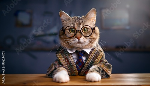 cat with round glasses and plaid suit sitting at a wooden desk looking studious