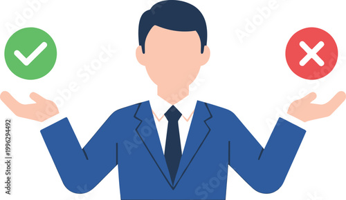 Man in suit choosing between yes and no options with decision incorrect selection judgment business thinking contrast evaluation weighing information analysis comparison approval