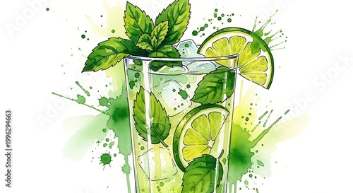 Refreshing mojito cocktail with lime slices and mint leaves on white background