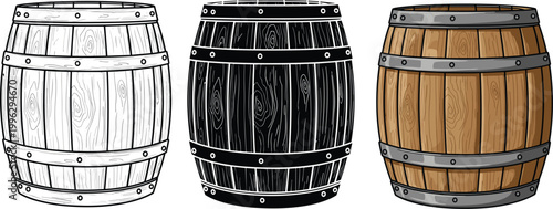 Wooden barrel set in different styles. Vintage oak cask collection. Rustic storage barrels for wine, whiskey, brewery, and medieval themed design projects.