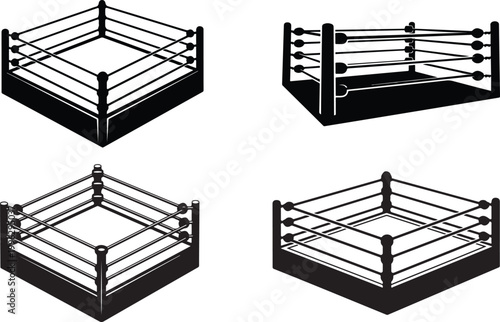 A stark black silhouette depicts a professional wrestling ring showing ropes and corner posts silhouette high quality detailed. Wrestling ring showing ropes and corner post vector illustration.