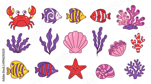 Sea Animals and Coral Reef Collection - Cute Ocean Life Vector Illustration Set with Fish, Crab, and Seashells