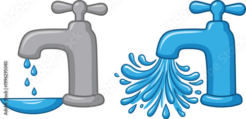 Water Tap Vector Illustration Set with Dripping Faucet and Flowing Water Splash for Plumbing, Hygiene, Conservation and Household Utility Design