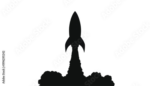 Rocket silhouette launches upward leaving a trail of smoke against a clean white background area.