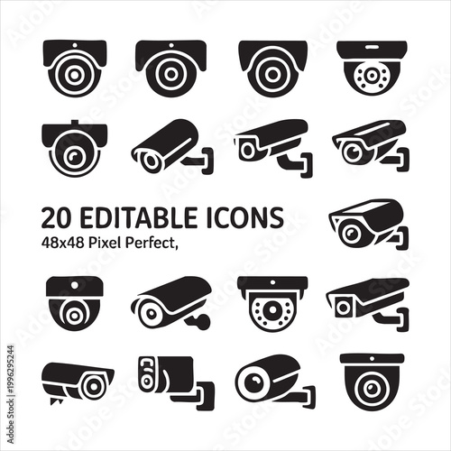 Security cameras vector icons set, surveillance cctv camera system, safety and protection technology.