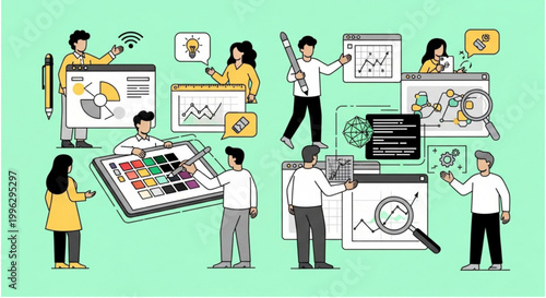Team collaborating on digital marketing strategy with data analysis and creative design elements
