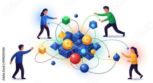 Collaborative team working together to manage, exchange, and process complex digital information and data in an interconnected network environment, fostering innovation and technological advancement