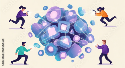 Diverse individuals actively engaging with an abstract interconnected data network, symbolizing exploration and collaboration in the digital information ecosystem