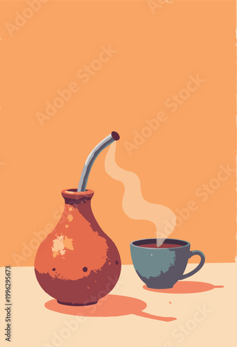 clean flat poster traditional Argentinian Mate gourd silver bombilla straw resting minimalist table concept shared rituals Warm terracotta earth tones Vast negative space typography No text