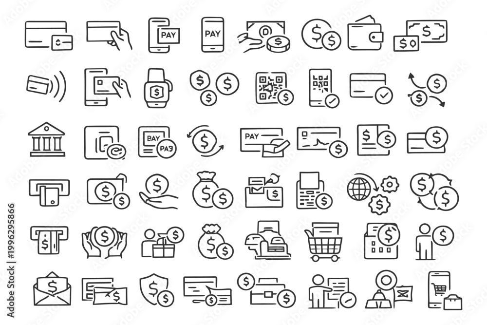 Fototapeta premium Financial technology icons - mobile payments, transactions, banking, and e-commerce.