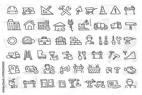 Construction and engineering icons set with tools and equipment.
