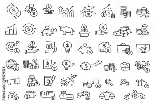 Business and finance icons: growth, investment, savings, cryptocurrency, economics.