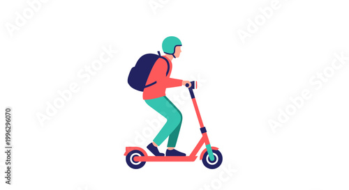 A vibrant illustration of a person riding a scooter with a backpack