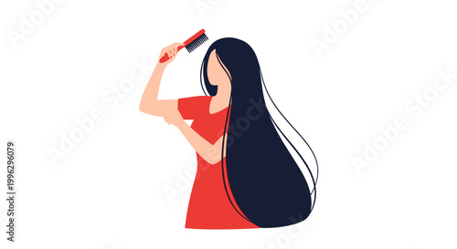 A woman with long hair brushing it with a comb in a modern style