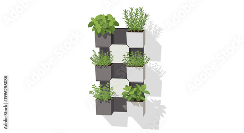 A modern wall-mounted planter with green plants in a minimalist design