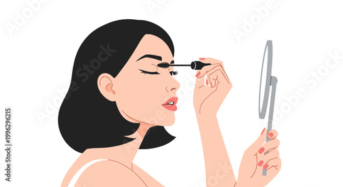 A woman applies mascara to her eyelashes in front of a mirror