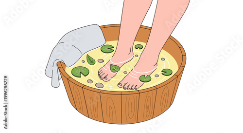 A person's feet soaking in a wooden foot bath with green leaves