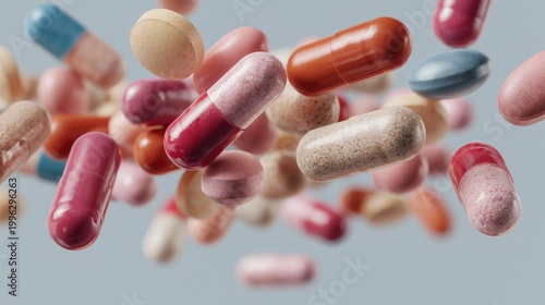 Assortment of colorful pills and capsules floating in mid-air against a soft blue background