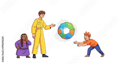 A man in a yellow jumpsuit is playing with a ball with two children, one of whom is wearing a purple outfit