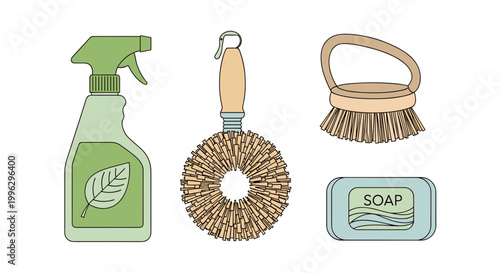 A set of cleaning supplies including a spray bottle and soap
