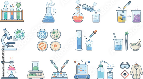 Chemistry Laboratory Experiment Icon Set with Test Tubes, Beakers, Flasks, Microscope and Scientific Equipment for Education, Research and Science Design