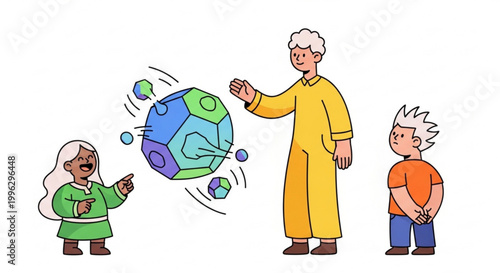 Multi-generational individuals collaboratively engaging with a vibrant, dynamic geometric concept, symbolizing creative problem-solving, shared learning, and idea discovery