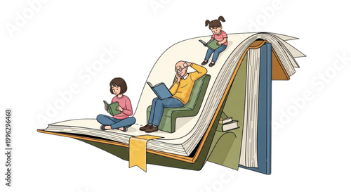 Generations sharing the joy of reading on a giant open book, symbolizing education and knowledge