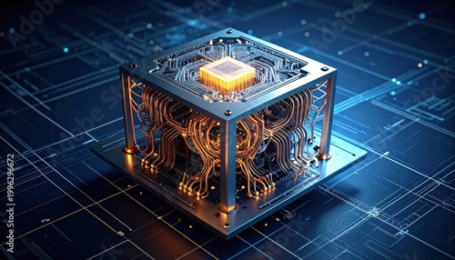 A sophisticated quantum superconducting processor with intricate gold wiring and a glowing core structure, representing the frontier of next generation computational hardware development.