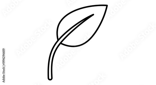 Simple line art of a single leaf on a stem, minimalist botanical icon, vector outline