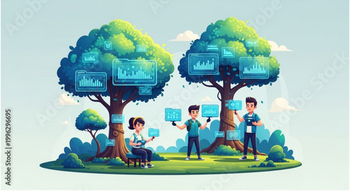 Illustrating a concept of interconnectedness and digital information exchange within a natural, arboreal setting, with people interacting with data displays