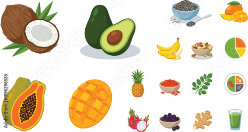 Healthy Tropical Fruits and Superfoods Vector Set with Coconut, Avocado, Mango, Papaya, Berries, Seeds and Organic Nutrition Elements for Diet and Wellness Design